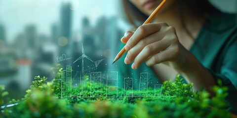 Woman drawing green city on paper with pencil. Generative AI.