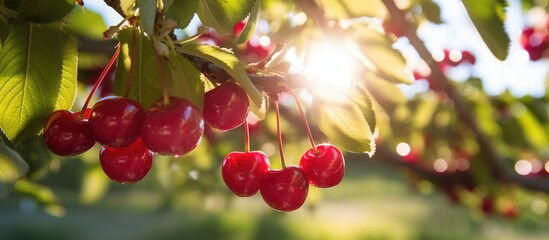 Wall Mural - A cluster of vibrant cherries dangles from a tree branch, kissed by sunbeams filtering through the leaves. These seedless fruits are a delicious, natural food bursting with flavor