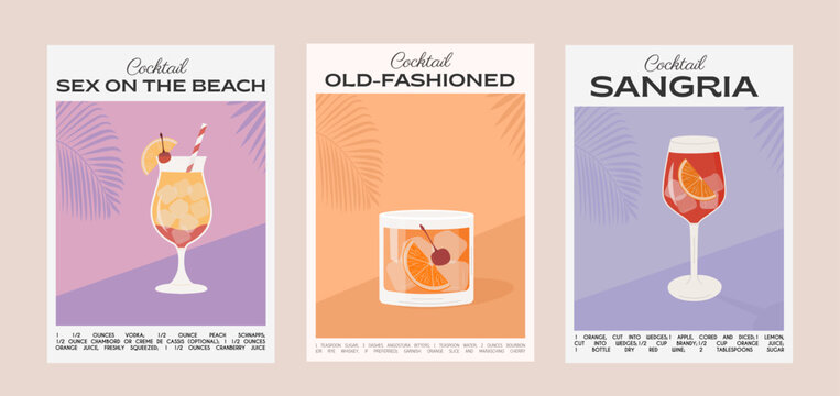 Old Fashioned, Sex on the beach and Long Island Iced Tea Cocktail. Classic alcohol beverage recipe. Modern trendy graphic print. Summer aperitif wall art. Minimalist poster with garnish drink. Vector.