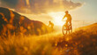 Mountain Bikers Riding in the Highlands. Active Lifestyle concept. sommer, golden lights, sunrise, beautiful weather