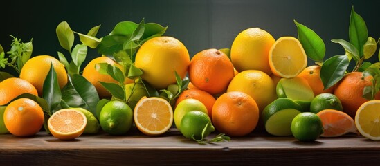 Wall Mural - Various types of citrus fruits, such as Rangpur, tangerine, and other natural foods, are spread out on the table. These ingredients are essential in many cuisines as staple foods