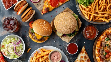 Wall Mural - Top view of various fast foods on the table. Unhealthy fast food with sauces on wooden table. Culinary background