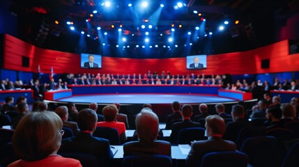 a large audience is watching a debate on stage