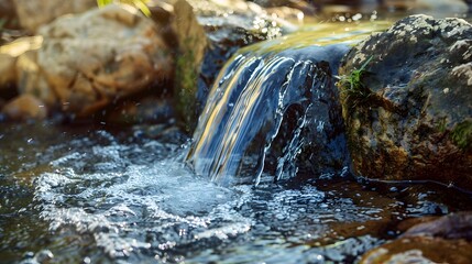 Wall Mural - Water sustainability. Sustainable water source. World Water Day concept. Nature landscape of stream water. Freshwater protection and water conservation for a sustainable water source.