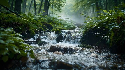 Wall Mural - Water sustainability. Sustainable water source. World Water Day concept. Nature landscape of stream water. Freshwater protection and water conservation for a sustainable water source.