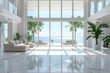 Minimalistic white bright interior with large panoramic windows and marble floors. There are many potted palm trees in the interior.