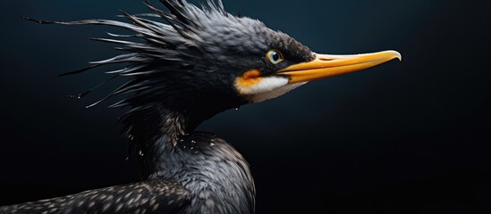 Poster - A close up of a perching bird with black feathers, a vibrant yellow beak, and wings extended against a dark background, possibly a seabird or water bird. A beautiful glimpse into wildlife