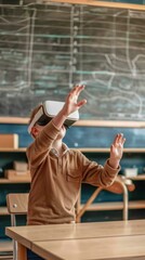 Canvas Print - A boy wearing virtual reality glasses in a classroom. Generative AI.