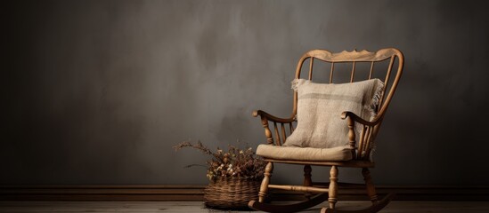 Poster - A wooden rocking chair with a pillow and a basket sits in a dark room, adding a touch of rustic charm to the cozy space