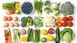 Top view, organised background with fruit and vegetables including apples, broccoli, blueberries, carrots, tomatoes, cabbage, mushrooms, eggs on white background