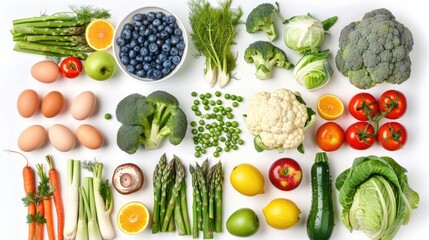 Wall Mural - Top view, organised background with fruit and vegetables including apples, broccoli, blueberries, carrots, tomatoes, cabbage, mushrooms, eggs on white background