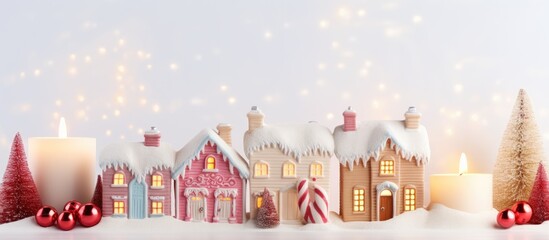 Sticker - Row of houses in the city, their facades covered in snow and adorned with candles and Christmas decorations. Against a magenta sky, creating a festive and cozy ambiance