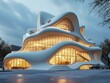 A building that looks like a curvy building with lots of windows. Generative AI.