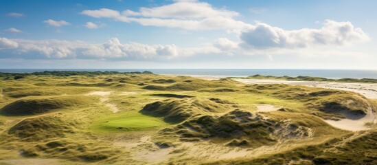 Wall Mural - A natural landscape with green grass and sand dunes surrounding a golf course, set against a backdrop of a clear sky and fluffy cumulus clouds