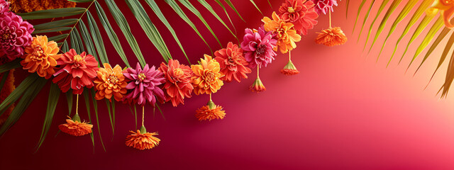 Wall Mural - Traditional Indian floral garland toran made of marigold flowers and mango leaves on bright pink background. Happy Diwali festival, Pongal or Gudi Padwa. Decoration for Indian hindu holidays, wedding