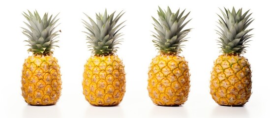 Poster - Four pineapples, a type of accessory fruit, are arranged in a row on a white background. This fruit is a natural source of nutrients and can be used as an ingredient in various dishes and drinks