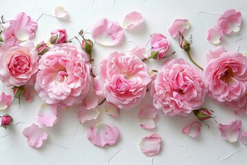 Wall Mural - Delicate arrangement of pink rose blossoms and petals Artistically placed on a white surface Creating a romantic floral frame or backdrop