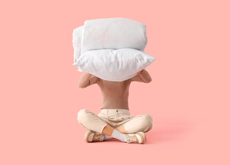 Sticker - Woman with white pillow and folded blanket sitting on pink background