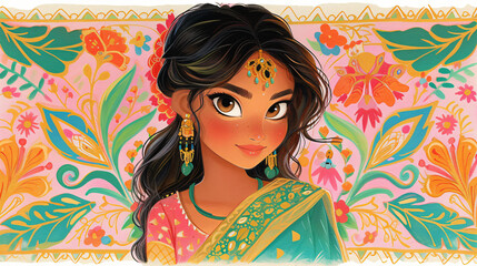 Wall Mural - Indian bride girl wearing traditional dress against floral background. Woman in colorful sari. Bollywood star traditional fashion. Ugadi or Gudi Padwa celebration. Religion and ethnic 