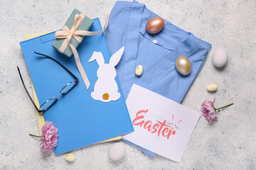 Poster - Composition with doctor's uniform, clipboard, greeting card and Easter decor on light background