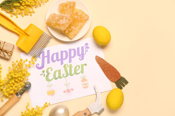 Sticker - Greeting card with text HAPPY EASTER, honey combs, beekeeping supplies and decor on color background