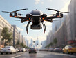 An autonomous drone hovers in the sky, delivering a package swiftly above a congested city street filled with cars stuck in a traffic jam