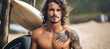 handsome young surfer with a muscular body, on the seashore of the ocean
