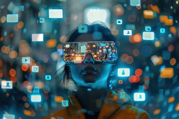 Wall Mural - A person wearing AR glasses surrounded by floating social media icons, representing the integration of virtual and real worlds in digital marketing. The background is dark with glowing lights symboliz