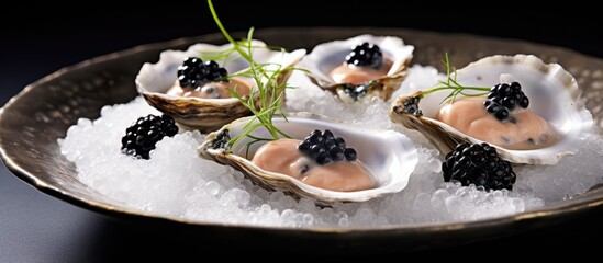 Poster - A luxurious dish featuring oysters topped with caviar served on a bed of ice, perfect for a special event or upscale cuisine