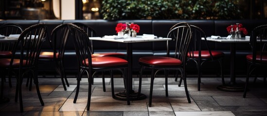 Wall Mural - The restaurants outdoor area is furnished with a row of hardwood tables and chairs, surrounded by plants. The cozy setting is perfect for al fresco dining