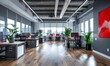 modern office gray tones, multiple desks, wood flooring