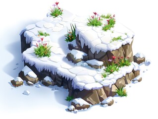 Wall Mural - cartoon trees, ground and rock stones, isometric, empty snow ground, white background