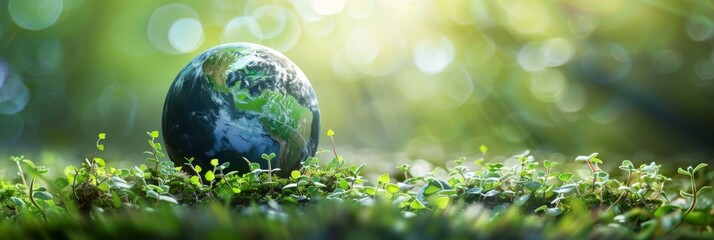 Wall Mural - globe on blooming field background with sun rays