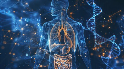 person standing on a blue background with lungs and a dna, in the style of violet and gold