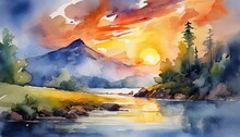 An Original Watercolor Painting Of The Sunset