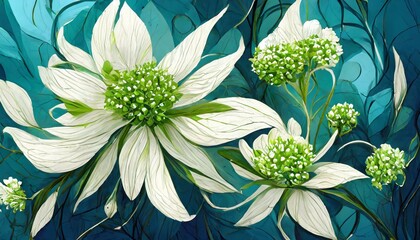 Wall Mural - a white and green flowers on a blue background