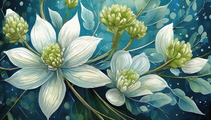 Wall Mural - a white and green flowers on a blue background