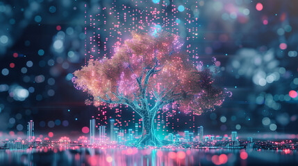 Generative AI illustration of beautiful glowing tree growing on cities representing digital technology in studio. 