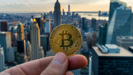 New York City themed Bitcoin wallpaper background of a gold Bitcoin held between two fingers with the New York City skyline in the background