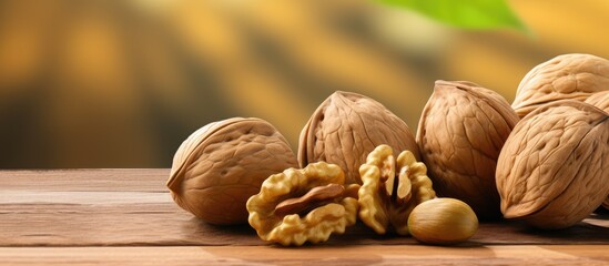 Wall Mural - A bunch of walnuts, a nutritious superfood packed with essential nutrients, sitting on a wooden table, ready to be used as an ingredient in various cuisines and dishes