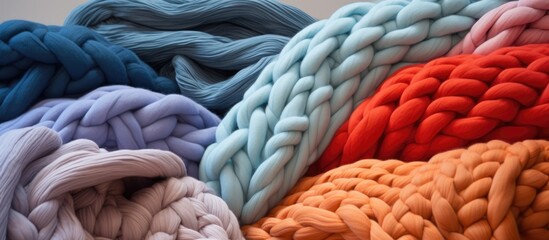 Poster - A variety of different colored yarns, including electric blue, magenta, and wool, are stacked on top of each other to create a beautiful textile art pattern