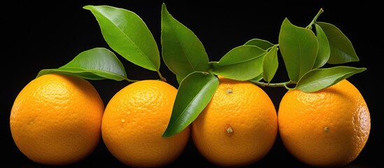 Canvas Print - Four vibrant Valencia oranges with green leaves, a type of citrus fruit from a flowering plant, displayed on a dark background, showcasing natural foods and ingredients