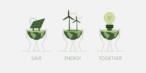 Aufkleber - Set of Hands holding a green globe, earth. Green Renewable Energy Concept concept. Sustainable ecology and environment conservation concept design. Vector illustration.