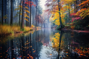 Wall Mural - beautiful pond in a colorful autumn forest