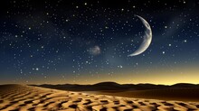 Moonlit Desert Oasis  Serene Crescent Moon Over Sandy Dunes, Twinkling Stars, Mystical Atmosphere