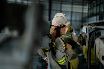 engineers check control heavy machine robot arm. Diverse Team of Industrial Robotics Engineers Gathered Around Machine. Professional Machinery Operators repair electric robot on bright digital panel.