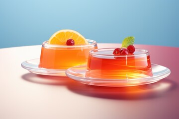 Wall Mural - Plate of tasty fruit jelly. Jelly pudding. Recipe of festive retro dessert. Restaurant and cafe menu concept