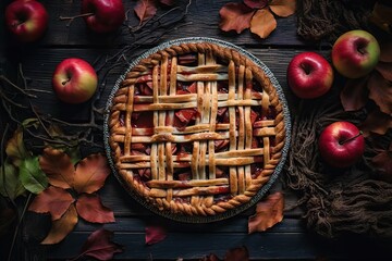 Wall Mural - Homemade autumn apple pie with cinnamon and fresh fruits. Classic autumn Thanksgiving pastry dessert. Organic dessert ready to eat. Table scene with a rustic background with copy space