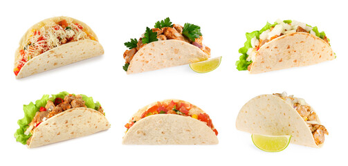 Different delicious tacos isolated on white, set