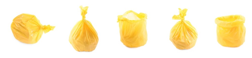 Sticker - Yellow plastic garbage bags isolated on white, set